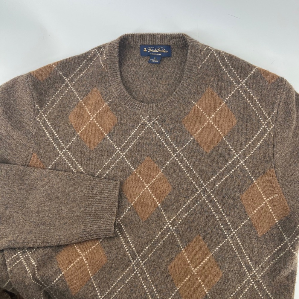 Vintage Brooks Brothers 100% Camel Hair Argyle Sweater Mens XL Hong Kong